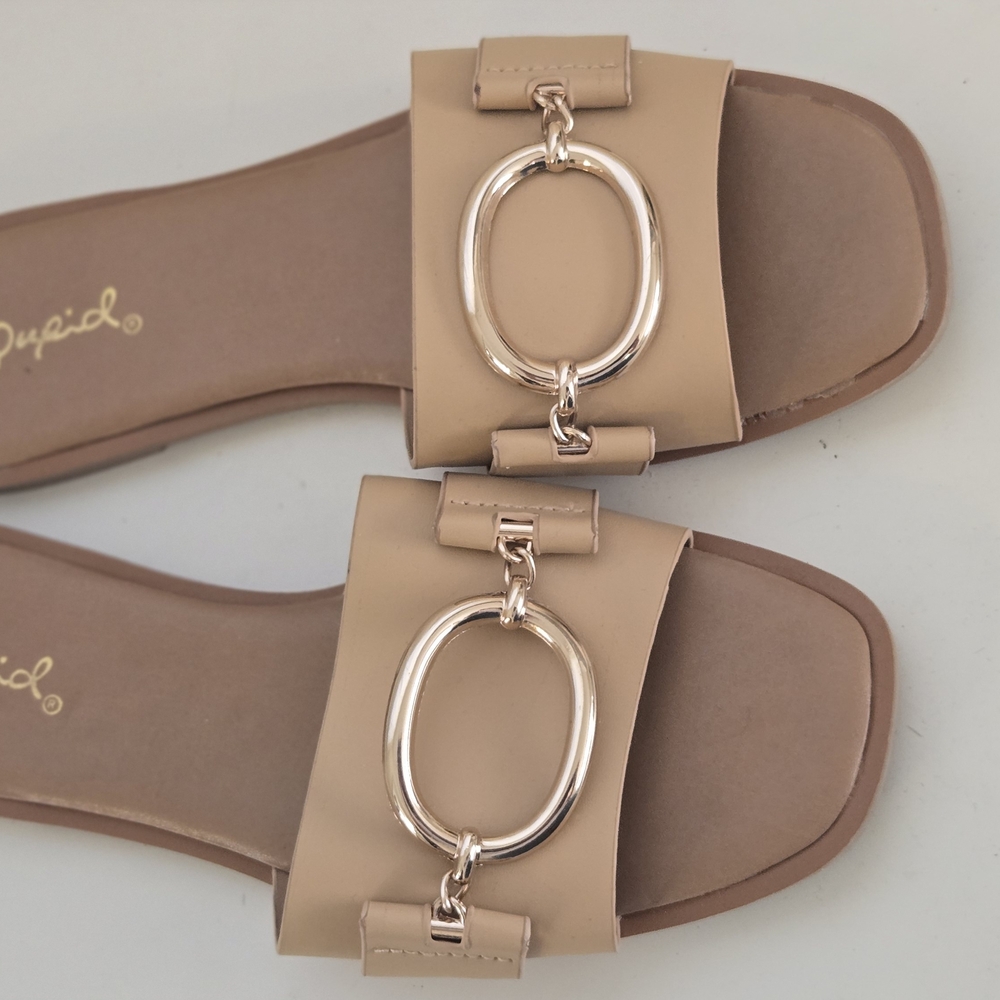 Cupid Beige Slide Sandals with Gold Accents